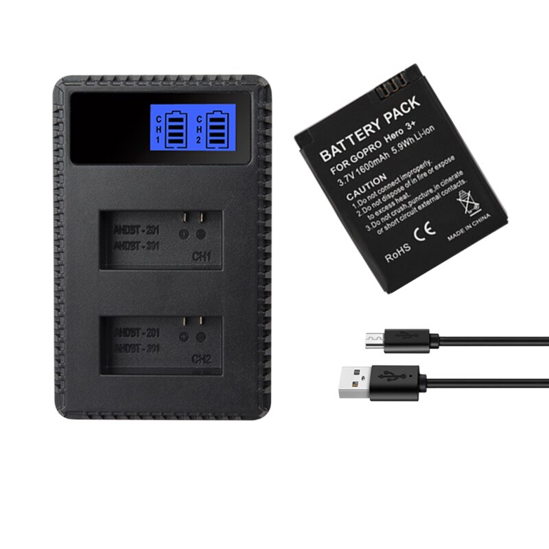 Batería Para GoPro 2 3 HERO3 HERO3 + Hero 2 AHBBP-301 AHDBT 201 AHDBT 301 AHDBT 302 1600mah cargador de baterías de la cámara: 1Charger 1Battery