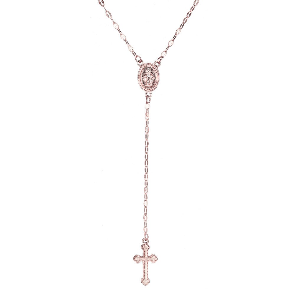 Cruz pingente colar para mulher longa imitação de corrente rosário madonna moeda colares pingentes jóias religiosas: Cor de rosa de Ouro