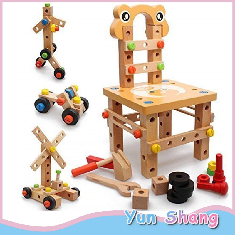 52pcs Assembly Wooden Toys Multifunction Wooden Building Sets DIY Screw Block Activity Working Chair Construction Sets Puzzle