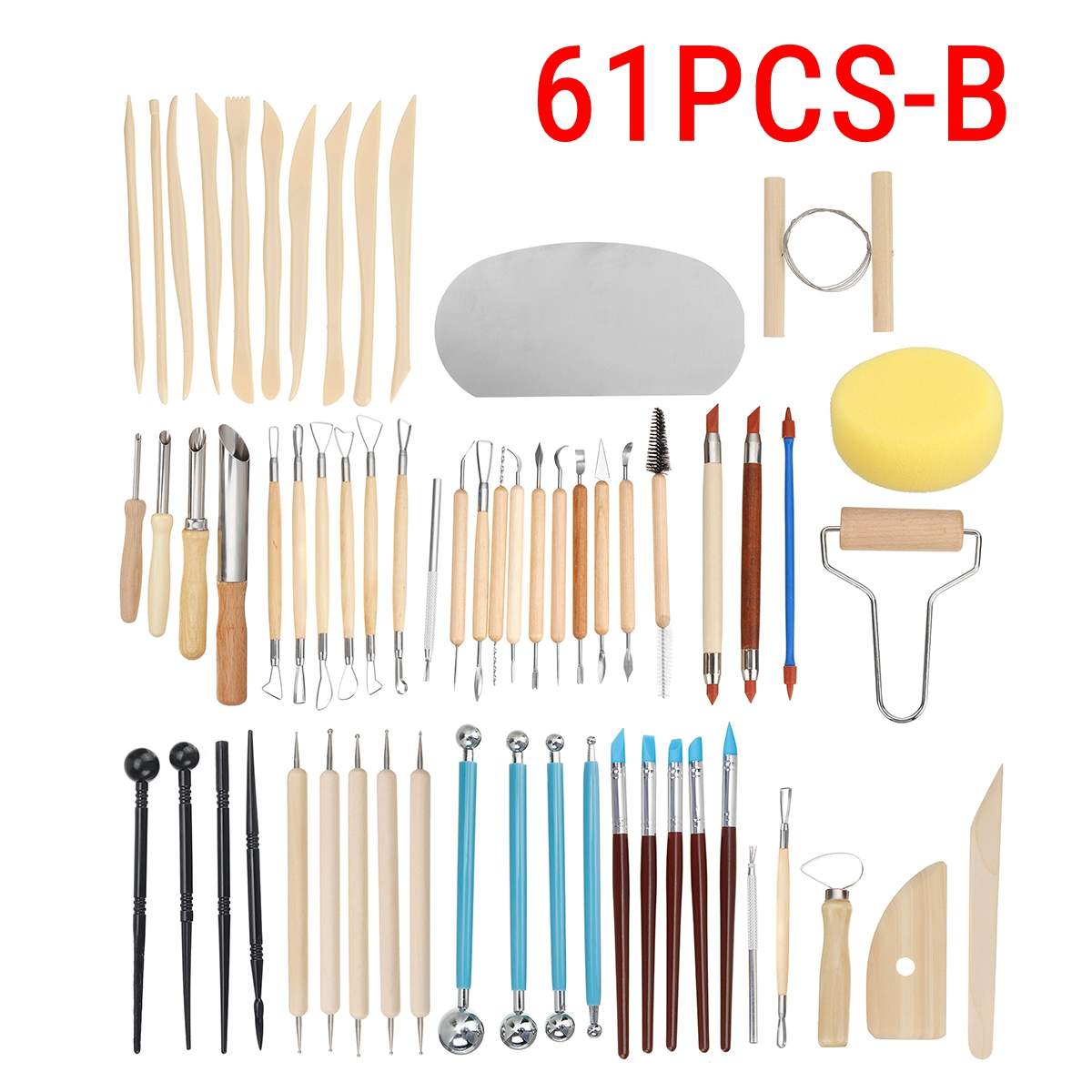 61PCS Ceramic Clay Tools Set Polymer Clay Tools Pottery Tools Set Wooden Pottery Sculpting Clay Cleaning Tool Set tool sculpture: 61PCSB