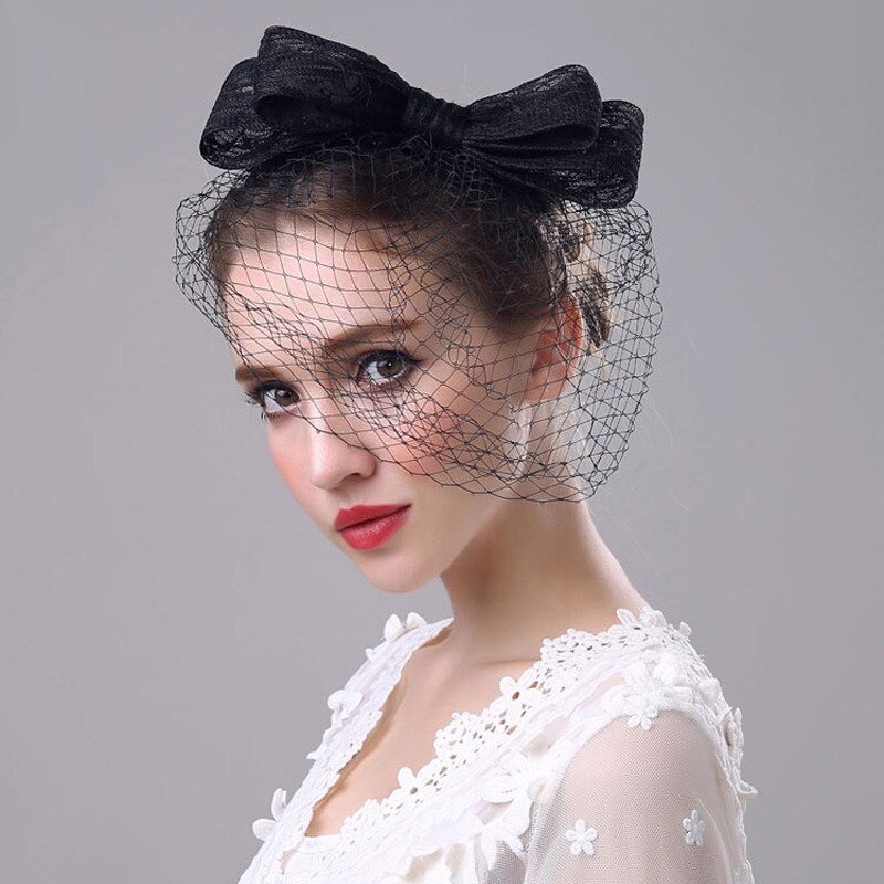 Sombreros y fascinantes elegantes de boda para mujer, con lazo grande, para de novia, tocado Blanco/Negro, diadema, velos de cara para mujer