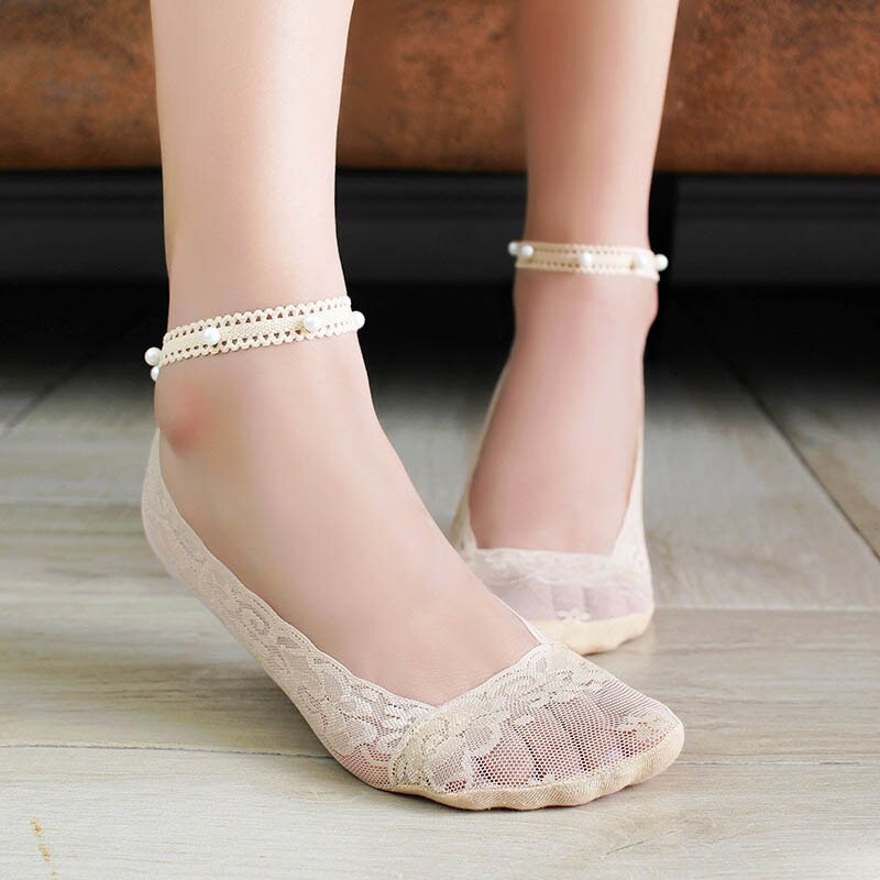 Calcetines cortos transpirables de encaje Floral para mujer, medias finas suaves de estilo coreano, con perlas, para primavera y verano, 1 par