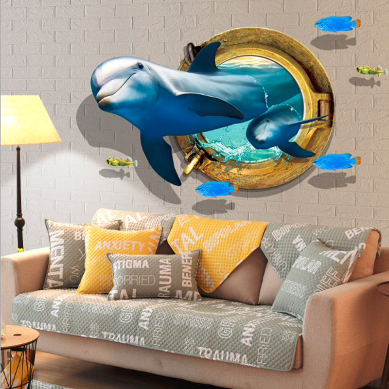 Waterproof Dolphin 3D Wall Sticker Wall Bedroom Living Room TV Sofa Background Decorative Sticker Wallpaper