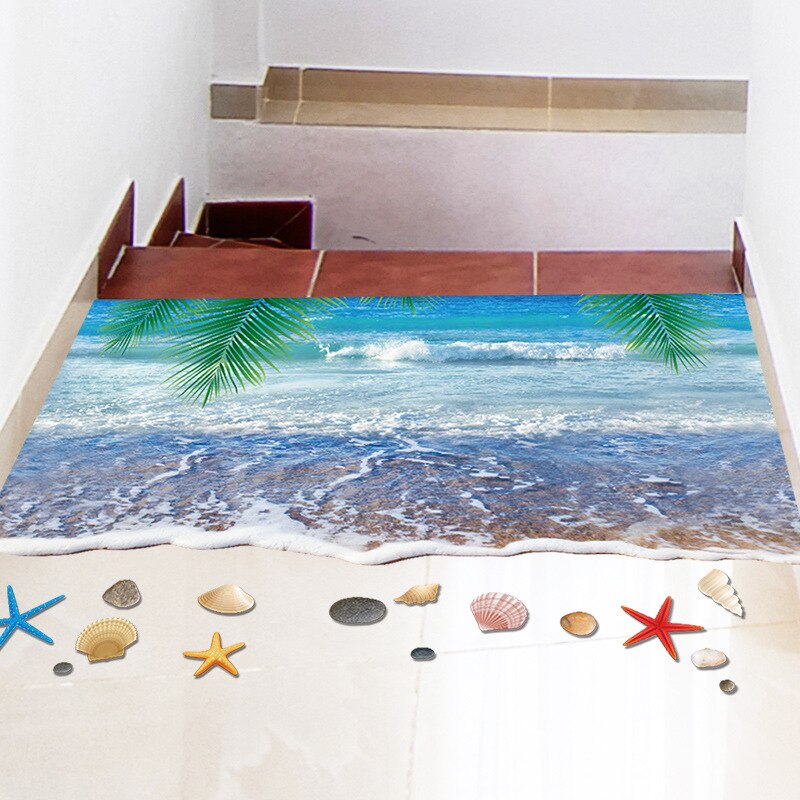 Coconut Tree Sea 3D Stereo Wall Sticker Wall Decal Sea Wave Shell Sand Beach Wallpaper Poster Bathroom Floor Wall Applique Decor