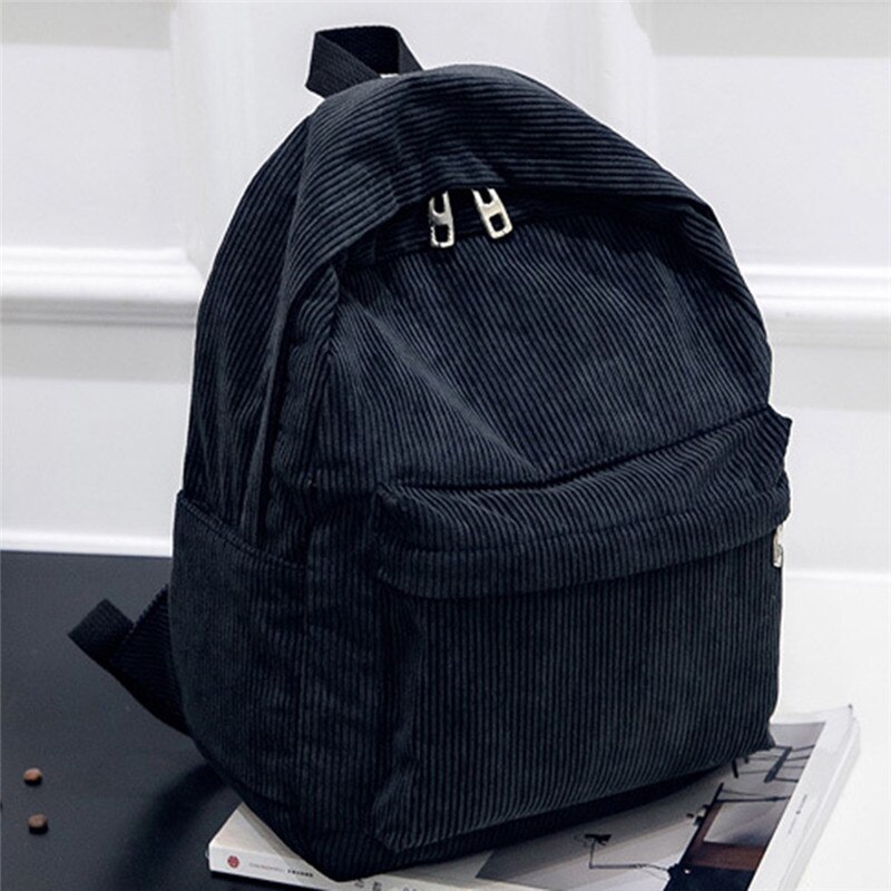 Estilo de tecido macio mochila feminina veludo veludo mochila escolar para adolescente menina listrado: Black