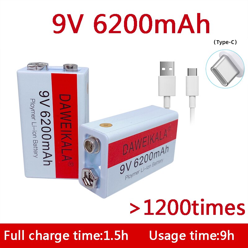 9v batteri 6200 mah li-ion laddningsbart batteri mikro usb batteri 9v litium för multimeter mikrofon leksak + usb laddningskabel