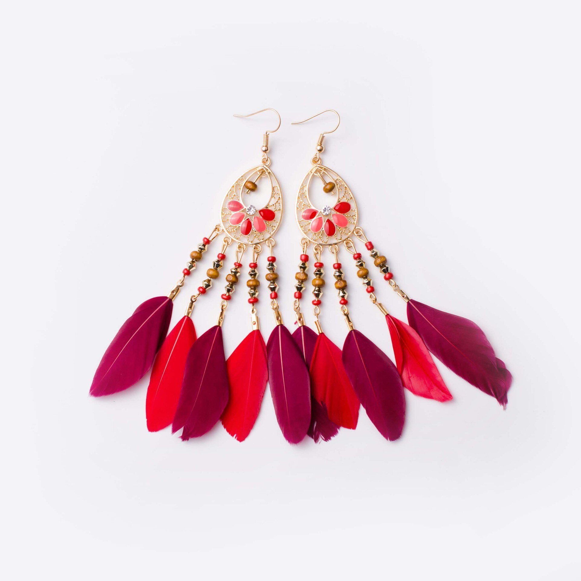 Etnische oorbellen met veren, damessieraden, bohemian zomerse metalen oorbellen met lange kwastjes, indiase sieraden: Dx031-4