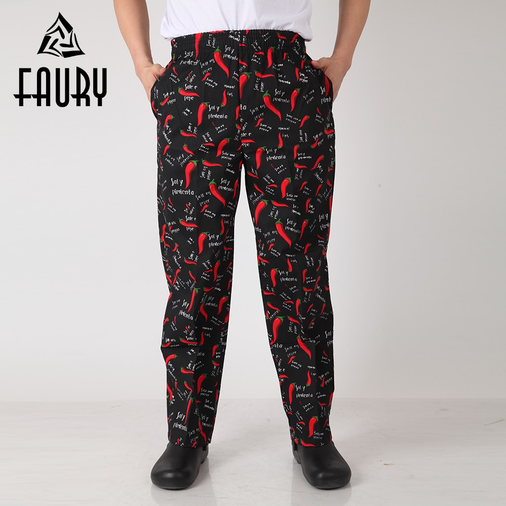 Pantalones largos a rayas con estampado de pimienta roja para hombre, pantalón de trabajo informal, con cintura elástica, para restaurante, servicio de comida, cocina, Chef, Hotel, camarero