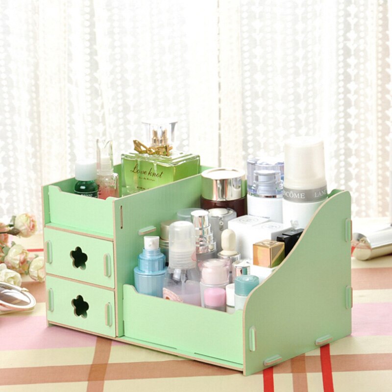 Container Makeup Organizer Case Handmade DIY Assembly Cosmetic Organizer Wood Box Wooden Office Storage Box: green