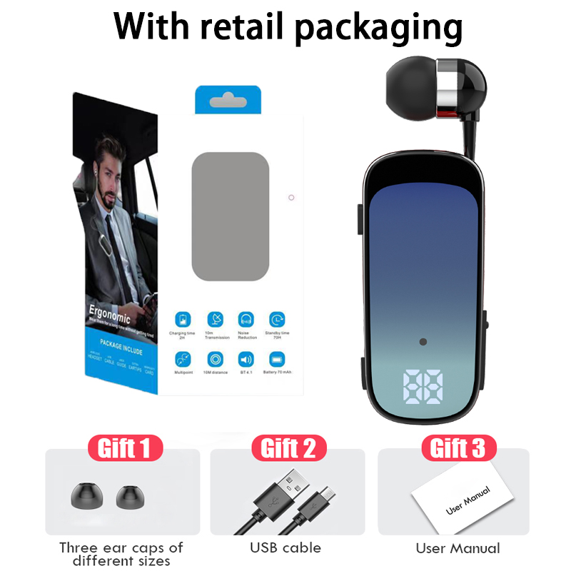 Écouteurs Bluetooth avec fil rétractable, casque avec fil, musique professionnelle, rappel de vibration 20h, allergique, 2 téléphones: GRIS