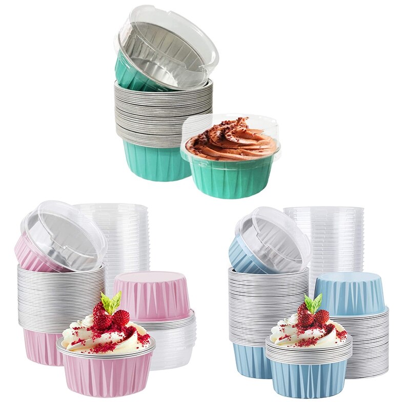 100 stk 5oz 125ml engangs kakebakekopper muffinsfôr kopper med lokk aluminiumsfolie cupcake bakekopper