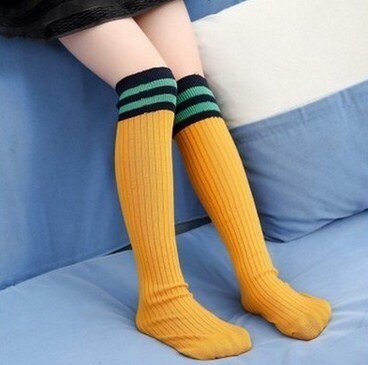 Baumwollsocken für freundlicher, lässige gestreifte schulsocken, kniehoch, aus weicher, atmungsaktiver baumwolle, für jungen und mädchen, lange socken über dem knie: Gelb / L länge ungefähr 42cm