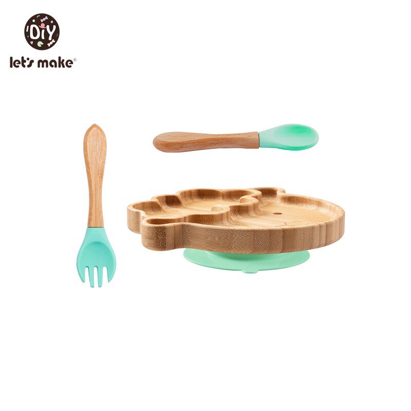 Let&#39;s Make Baby Dinner Plates Set Wooden Cartoon Dinner Plate Fork Spoon Children Feeding Plate Safe Edible Silicone Product: Set 10