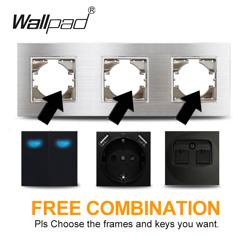 1 2 3 Gang Kortstondige Reset Schakelaar Met Led Diy Grey Silver Metal Brushed Frame 16A Eu Frans Sockets Usb tv Data Cat6 Outlet