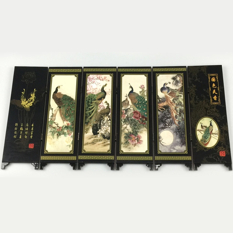 Mini salle diviseur paravent 6 panneau paon imprimé toile table en bois Art chinois décoration de la maison décor de mariage