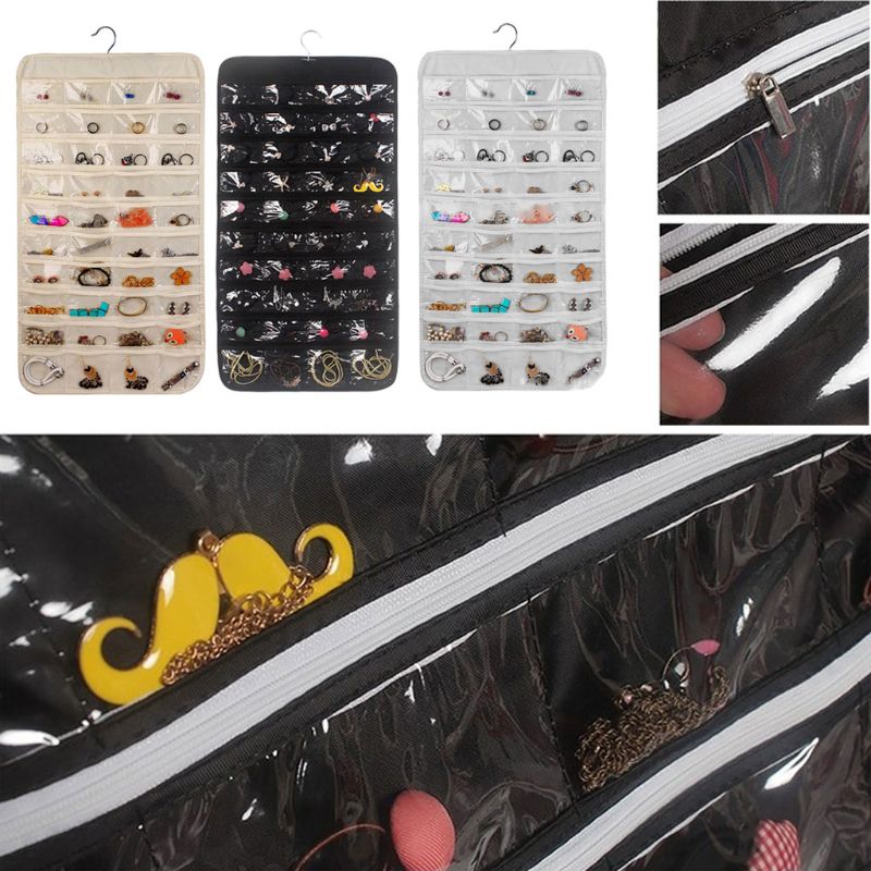80 Pockets Double Sided Hanging Jewelry Display Organizer Storage Bag Non-woven Foldable Ring Necklace Bracelet Pouch