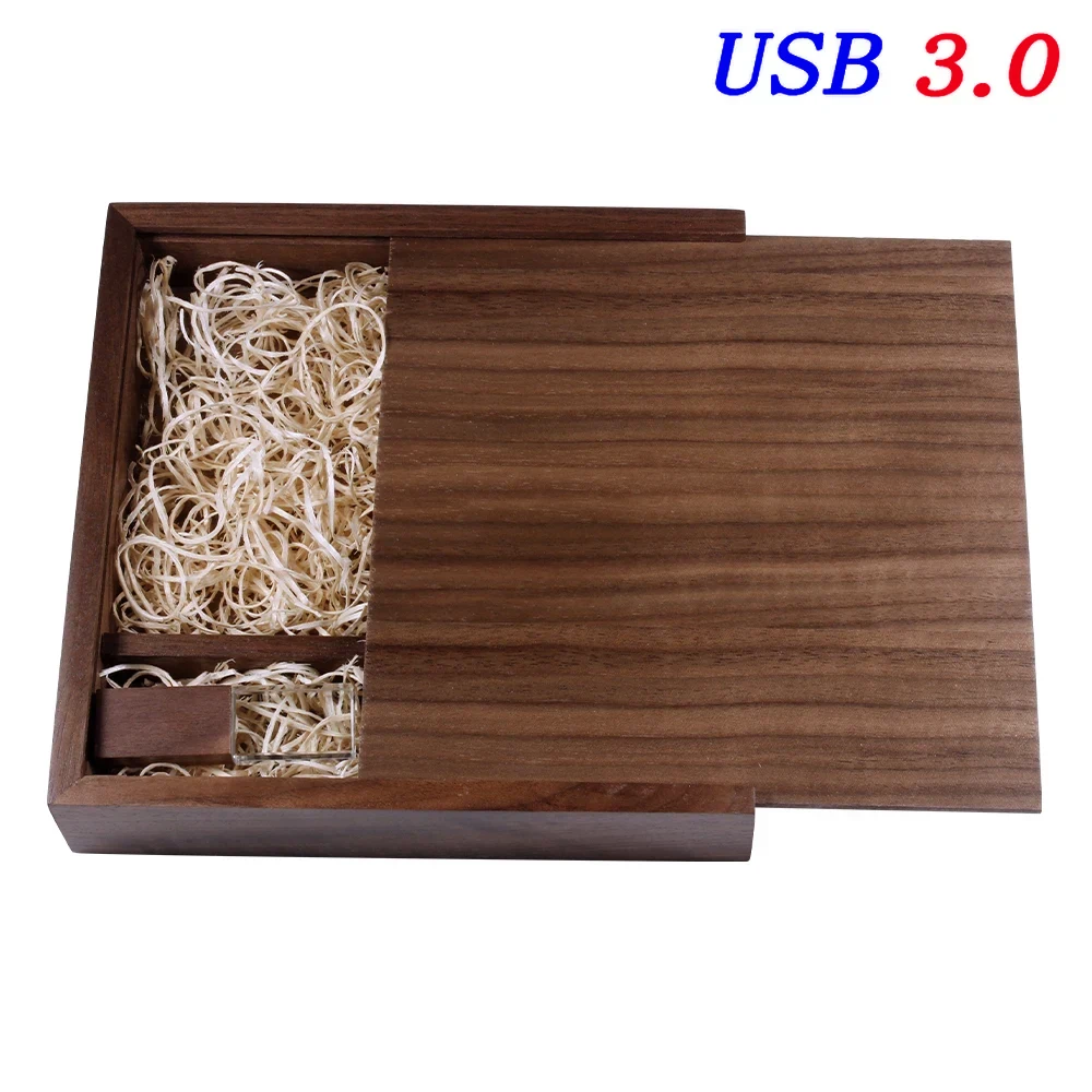 JASTER USB 3.0 Flash Drive Crystal walnut wood box Pen Drive Free custom logo Memory Stick Photography Wedding Pendrive 64G