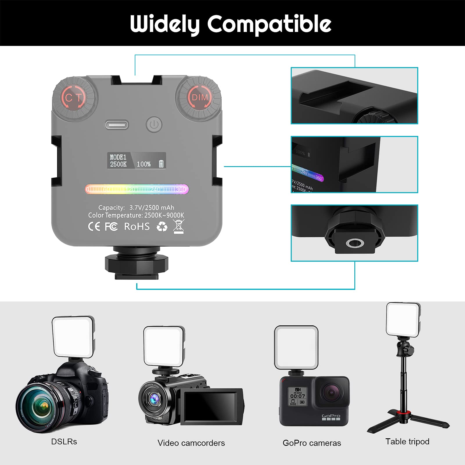 64RGB Mini Led Camera Licht 2500Mah Oplaadbare Led Panel Lamp Foto Video Verlichting Video Lichten Vlog Vullen Licht Live