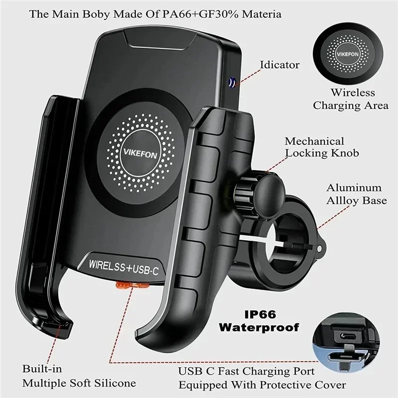 Motorfiets telefoonhouder met draadloze oplader, motorspiegel, mobiele telefoonhouder, usb-snellader, draadloze telefoonhouder