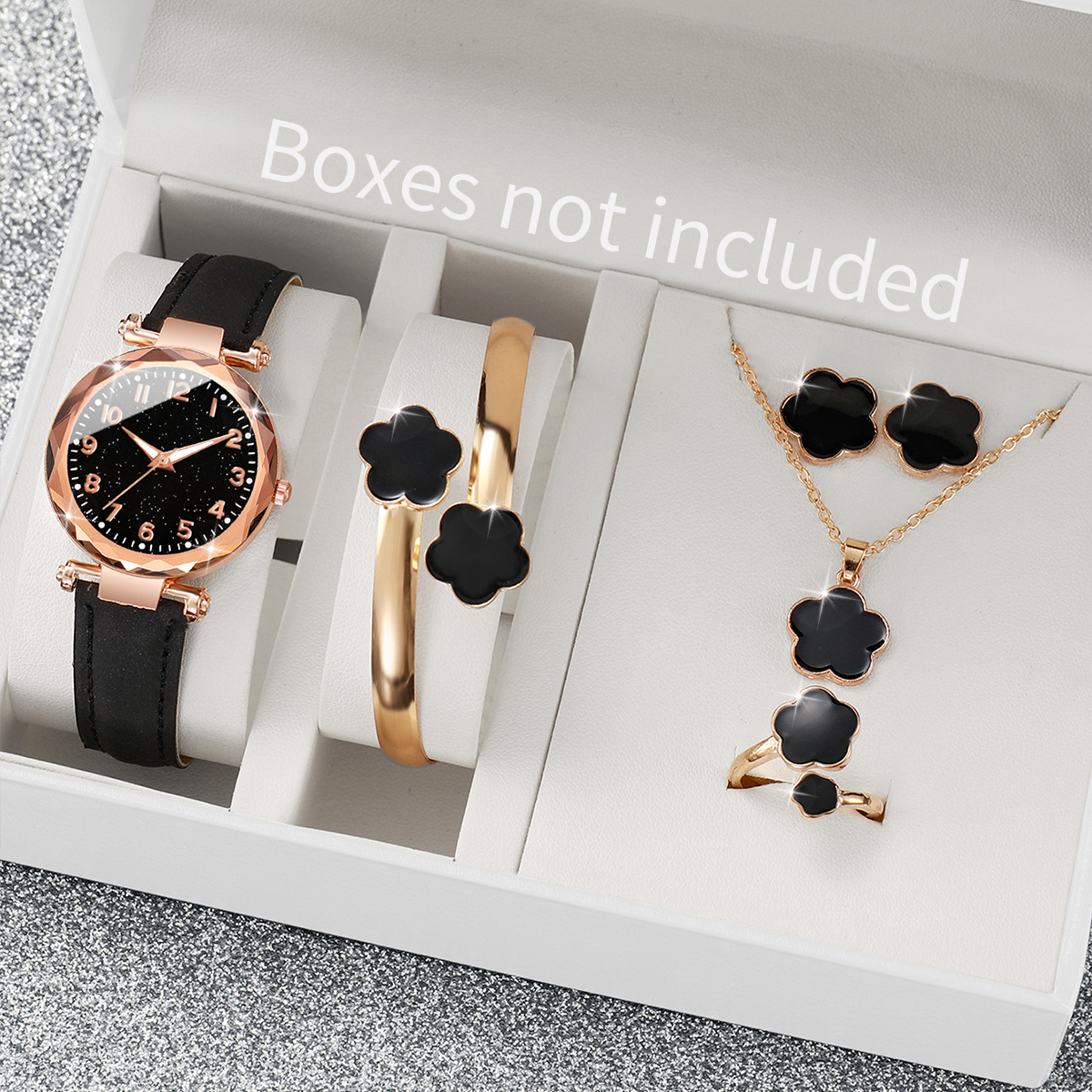 6 stks/set dameshorloge mode digitaal lederen quartz horloge met unieke bloem sieradenset: Default Title