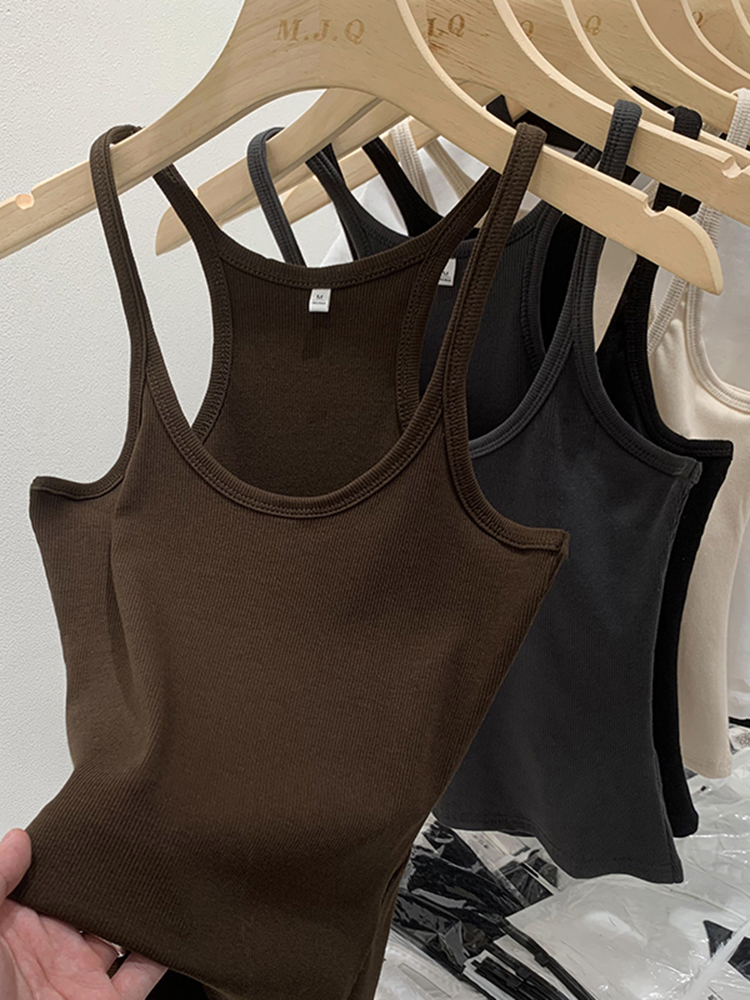 Effen Kleur Basis Geribbelde Gebreide Tanktop Dames Zomer Vintage Mouwloze Camis 90S Coole Meisjes Streetwear Zachte T-Shirts: L / Bruin