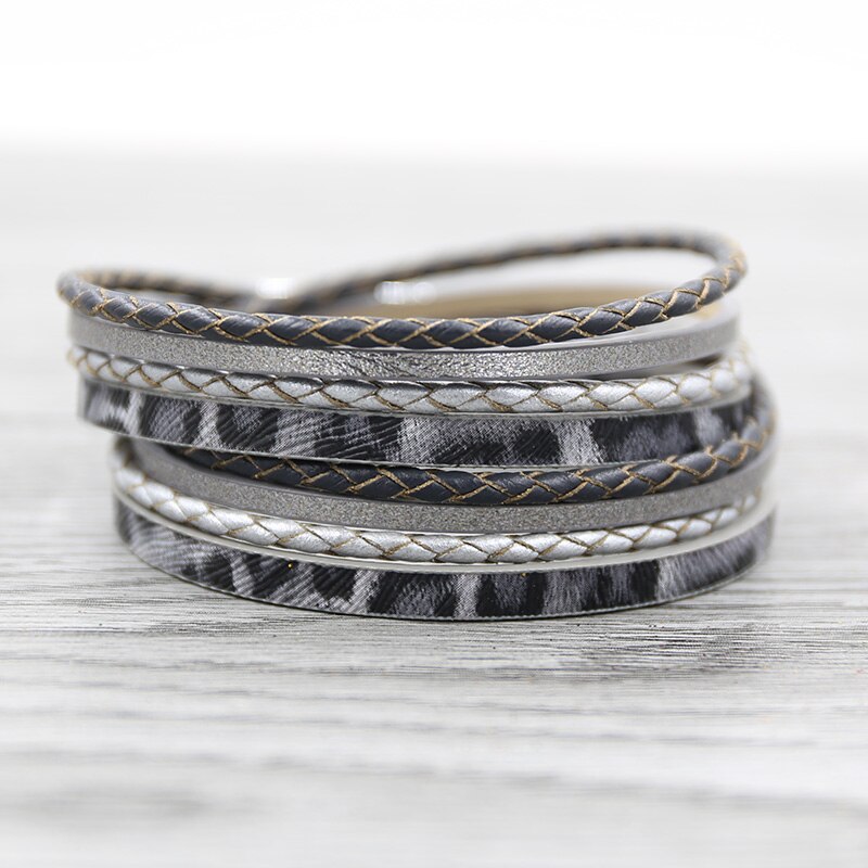 STRATHSPEY-Pulseras envolventes multicapa para mujer, pulsera de cuero con estampado de animales, brazalete Vintage de diamantes de imitación, joyería de cebra: Grey 39.5