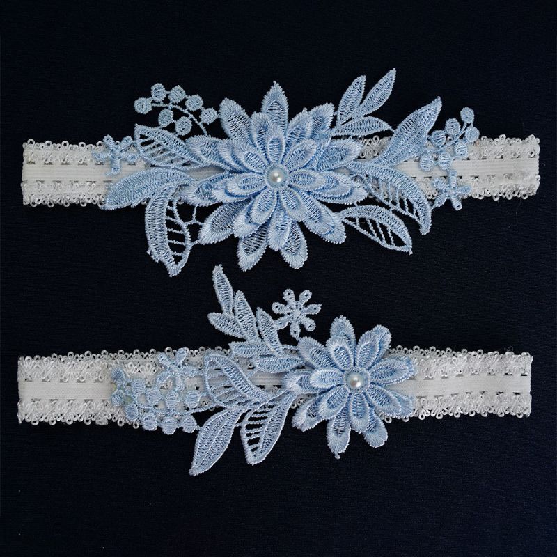 Kvindelige brude stretch blonder lårringe sæt himmelblå broderet blomst applikation patchwork faux perle bryllup prom strømpebånd