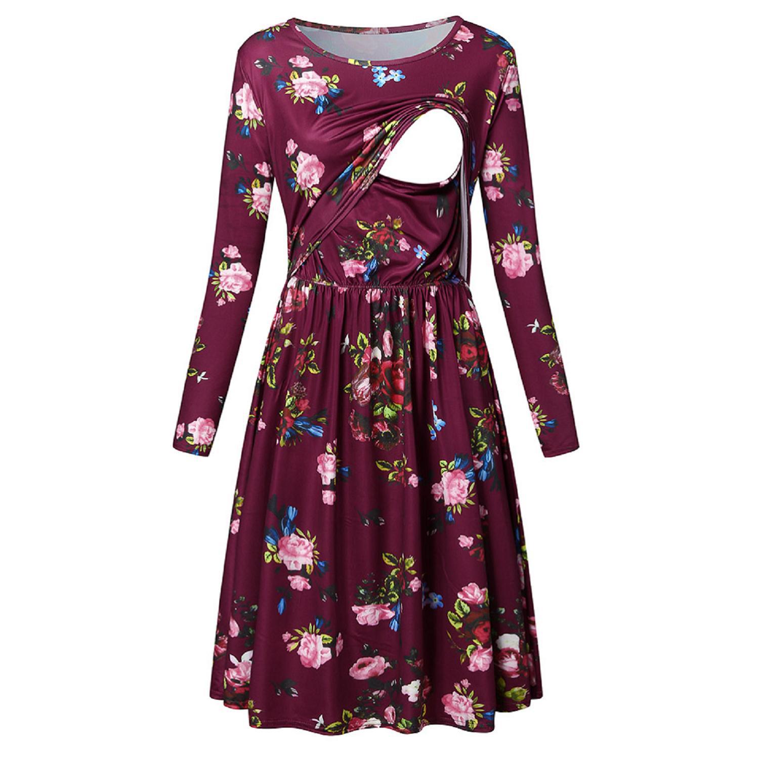Stijl Voor De Herfst En Winter Verpleging Kleding Vrouwen Lange Mouwen Ronde Hals Elastische Multi-Functie moederschap Jurk