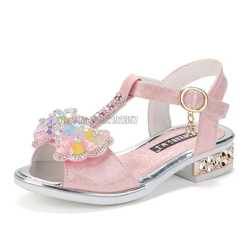 Sandalias de tacón plano para niñas, primavera y verano, vestido de princesa para niños pequeños, zapatos de con lazo para adolescentes: Rosa / 33