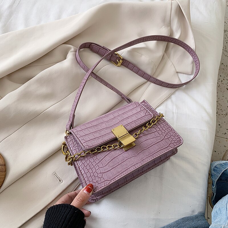 Crocodile Pattern Purple Pu Leather Crossbody Bags For Women Summer Chain Small Shoulder Handbags Female Totes: Purple