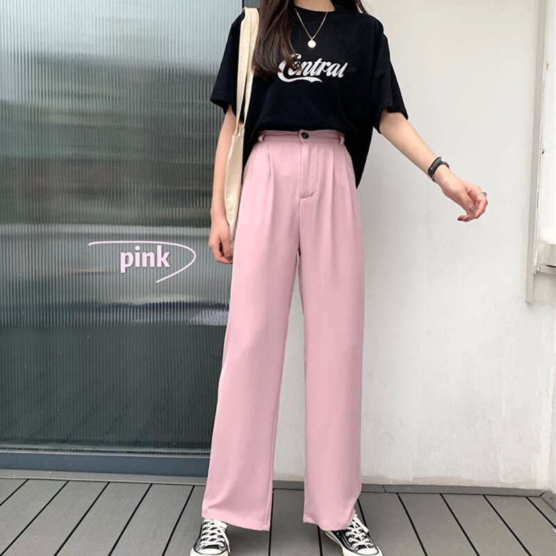 Elastiske taljebukser kvinder formelle damer lige bukser kvinder pink sort plus size højtaljede bukser streetwear koreanske bukser: Lyserød / S