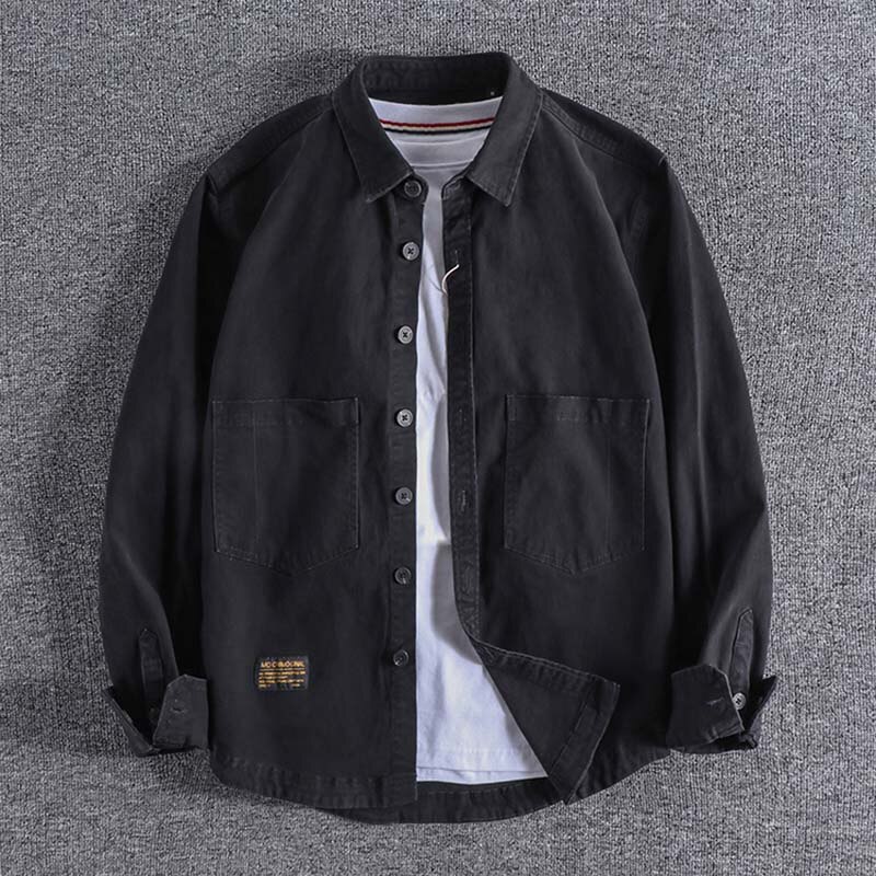 Chemise à manches longues en denim extensible slim pour homme, tendance japonaise, joli garçon, avec poche, manteau fin  on 0391: Noir / L