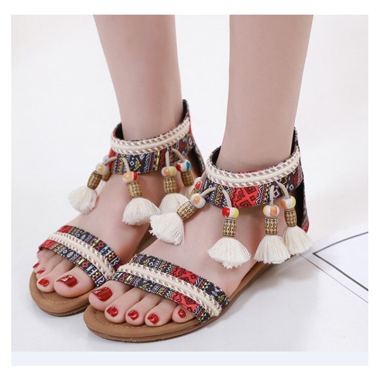 CEYANEAO kobiet czeski Boho sandały etniczne Totem Fringe Tassel ciąg koralik etniczne sandały klinowe HeelCasual płaskie buty Plus rozmiar: Black / 5