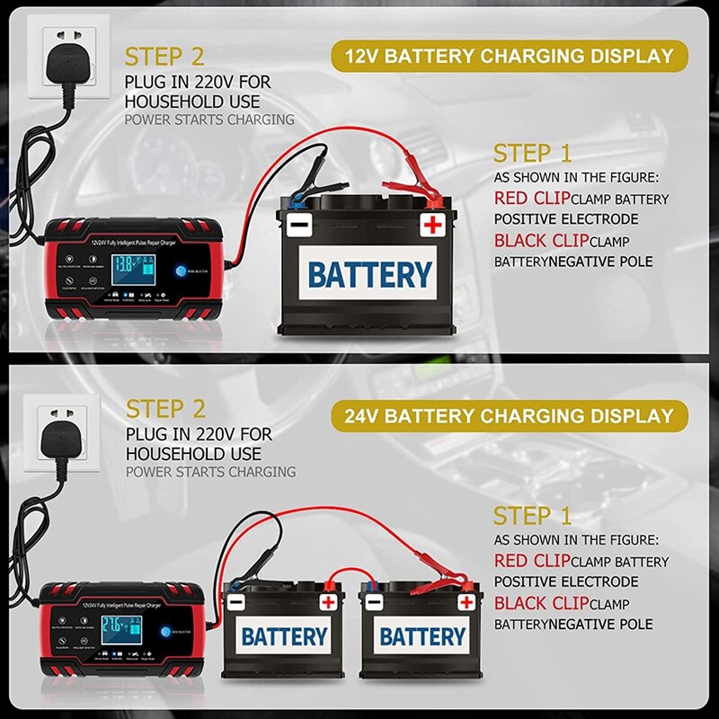Portable Car Battery Charger,8A 12V/4A 24V Intelligent Pulse Repair Charger for Car, Motorcycle, Lawn Mower-UK Plug