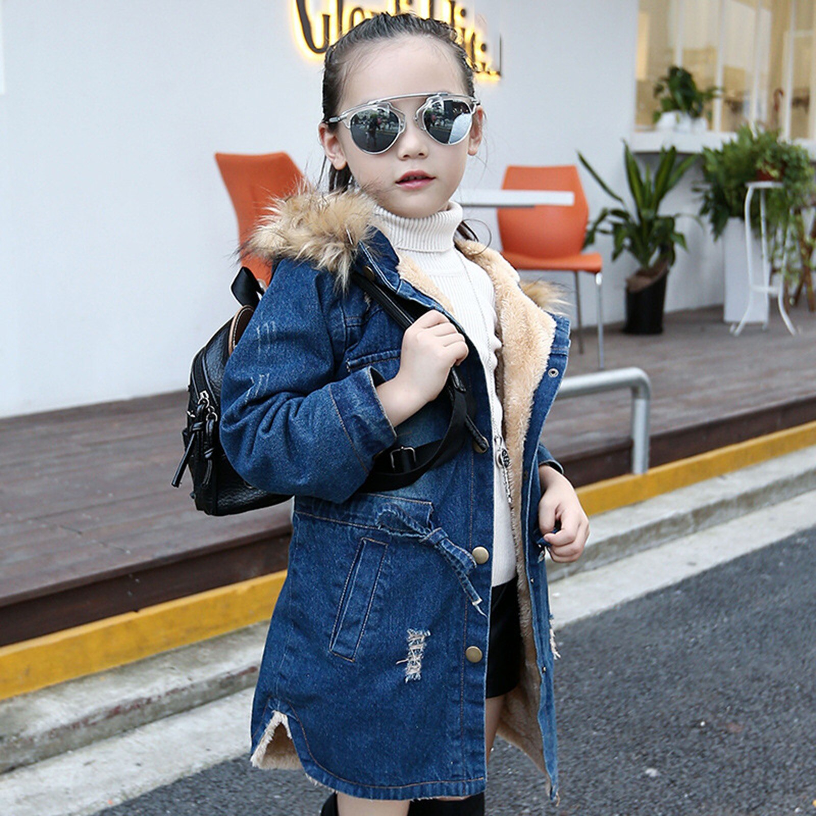 Children Winter Cotton Jacket Toddler Kids Baby Girls Hooded Wool Collar Warm Girdle Denim Coat Jacket Outwear зимняя куртка