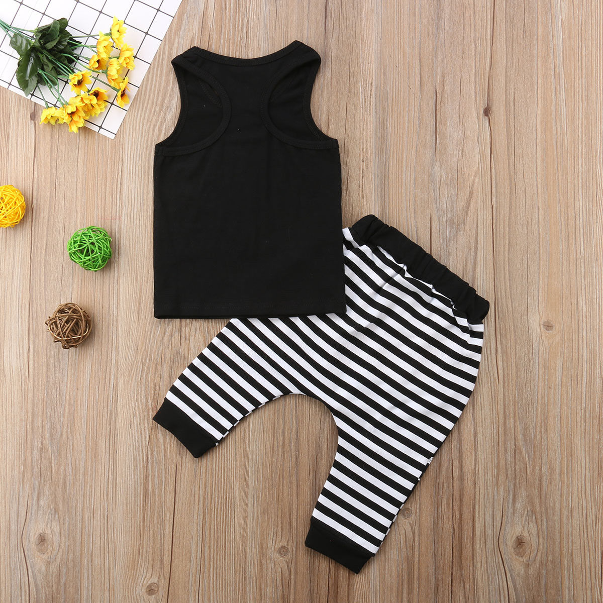 Nyfødte baby baby drenge sommer sports tøj sæt 2 stk ærmeløs brev sort vest toppe stribet patchwork harembukser 0-4y