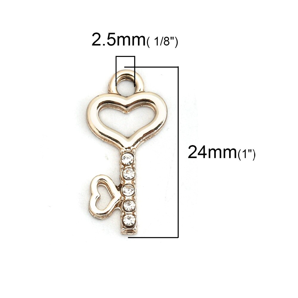 DoreenBeads Zinc Based Alloy Pendant Key Silver Plated Heart Clear Rhinestone DIY Charms 24mm(1") x 12mm( 4/8"), 20 PCs
