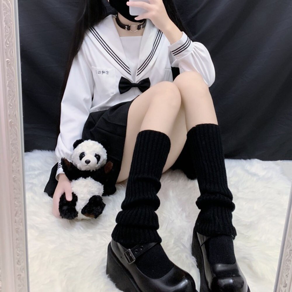 Japansk lolita sød pige benvarmere uldkugle strikket fodbeklædning kvinder efterår vinter varmere sokker bunke dyb sokker: Sort