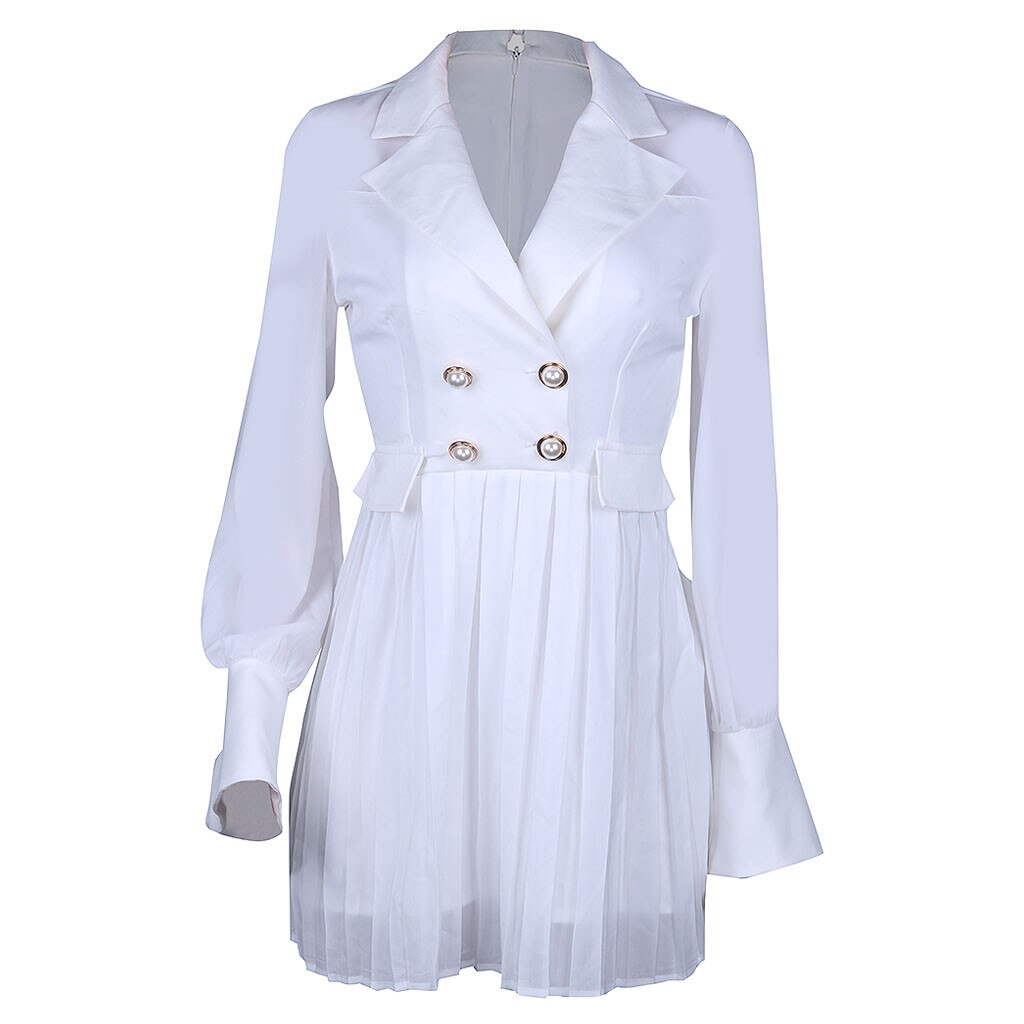 Vintage Pleated Belt Dress Jacket Suit Women Office Ladies Double-Breasted Blazer Dress Long Sleeve Midi Party Dress: M