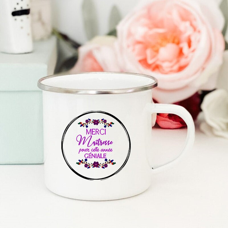 Tasses à café et thé à imprimé de fleurs françaises, créatives, pour boissons, eau et lait, en émail, poignée d&#39;école, maison, verres, pour enseignants