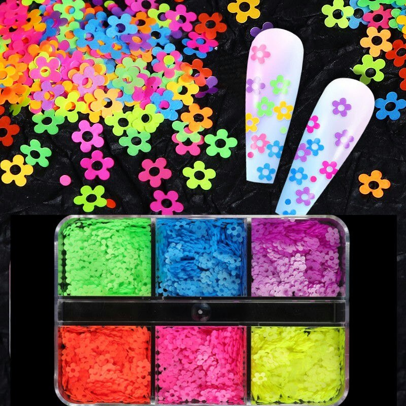 Neon- Herz Schmetterling Nagel Pailletten einstellen Irridescent Stern Blume 3D Charme Flocken Dekoration für Nagellack funkeln Zubehör: 6G-YGMH