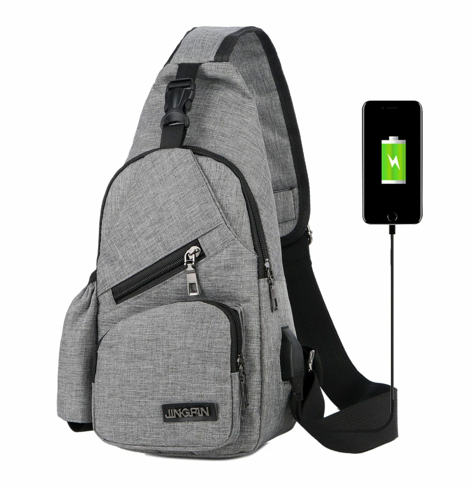 Newest Men Canvas Sling Bag Chest Crossbody Messenger Shoulder Travel Sports USB Charging Waist Packs: Gray