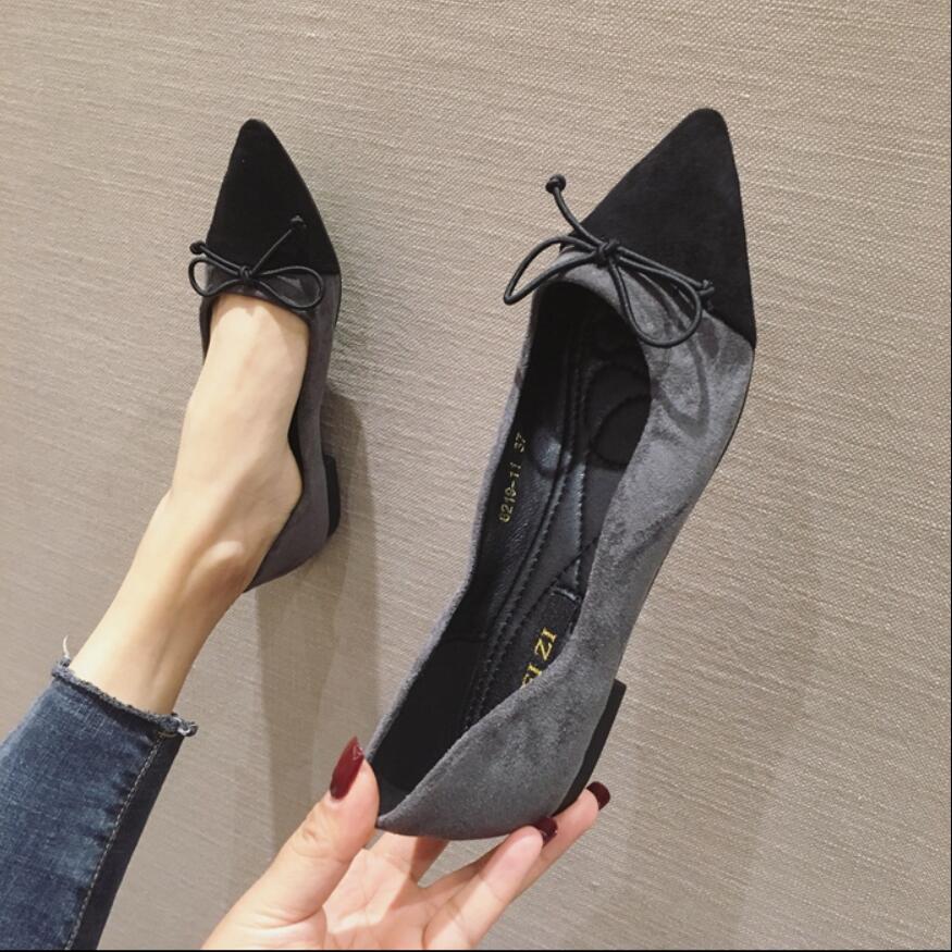 black/gray patchwork suede leather flat shoes woman pointed toe bowtie ballet flats big size 41 mules women slip on loafers
