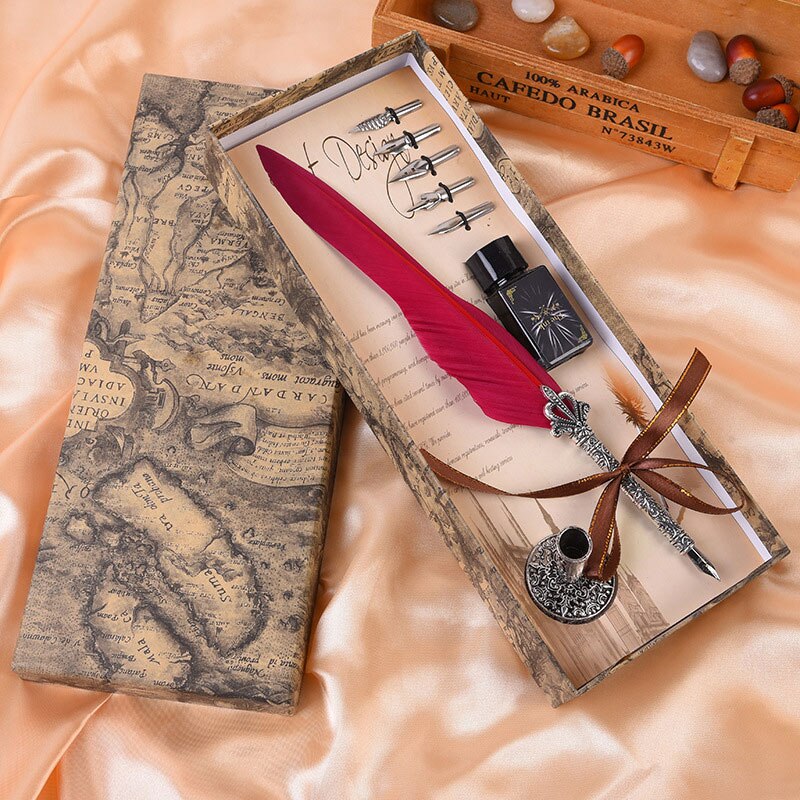 1Set Vintage Kalligrafie Veer Dip Schrijven Pen Inkt Set Briefpapier Box Met 5 Nib Festival Quill Fontein pen: rosy