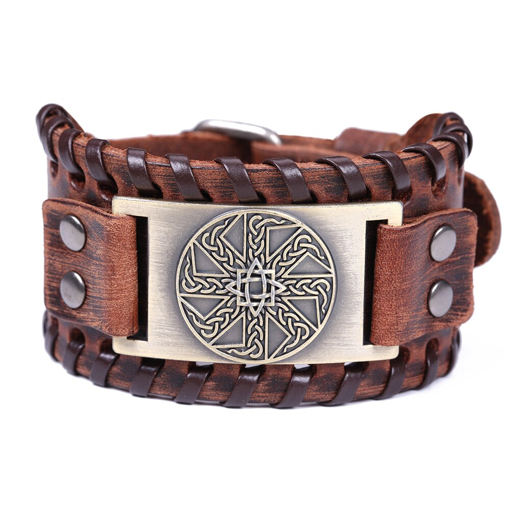 LIKGREAT Slavic Kolovrat Wicca Amulet Cuff Wristband Jewelry Sun Wheel Celtics Knot Pagan Talisman Adjustable Leather Bracelet: 10