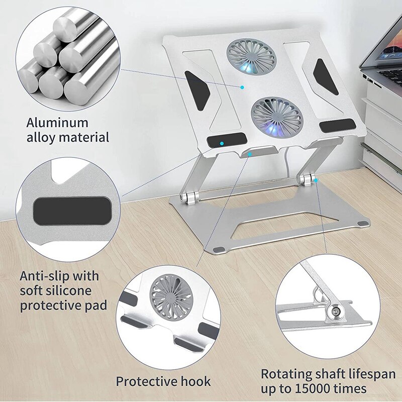 Laptop Stand, Aluminum Laptop Cooling Stand with 2 Fans, Laptop Stand Adjustable Height, Suitable for 10-14 Inch