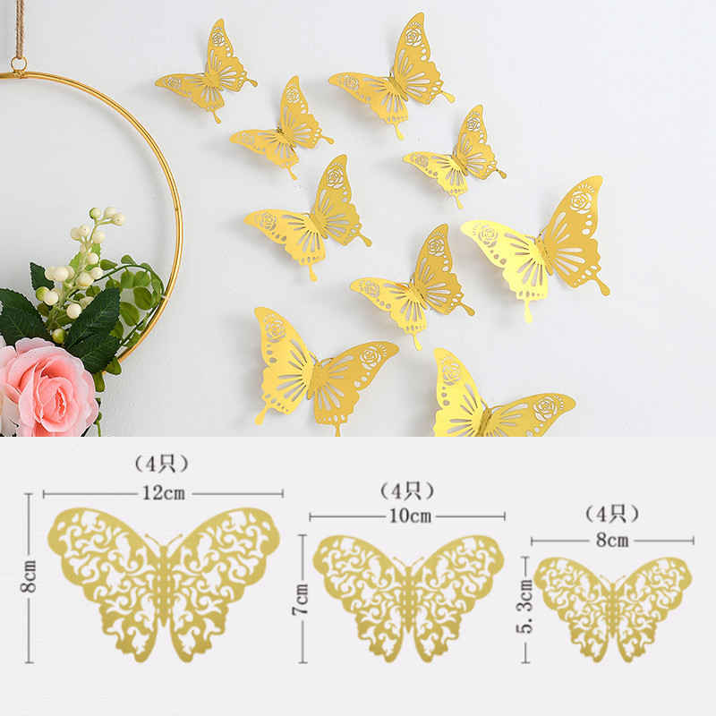 Autocollant mural papillon ajouré 3D, 12 pièces/ensemble, or argent, Rose, décoration de mariage, décor de salon, de maison