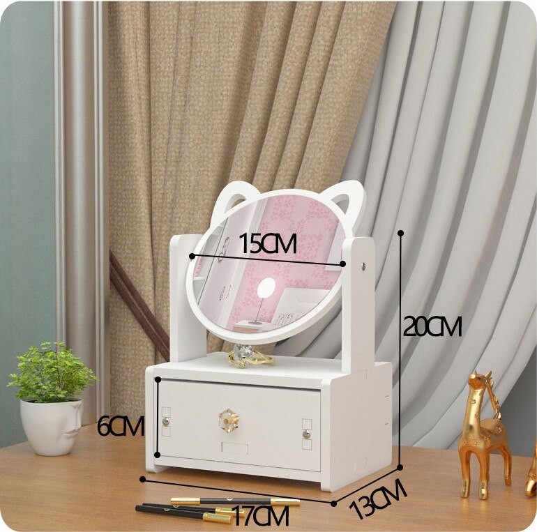 Rotate Wooden Cute Make-up Mirror DIY Installation Assembly Desk Dressing Mirror Women Portable Large Cosmetic Storage Box Shelf: A