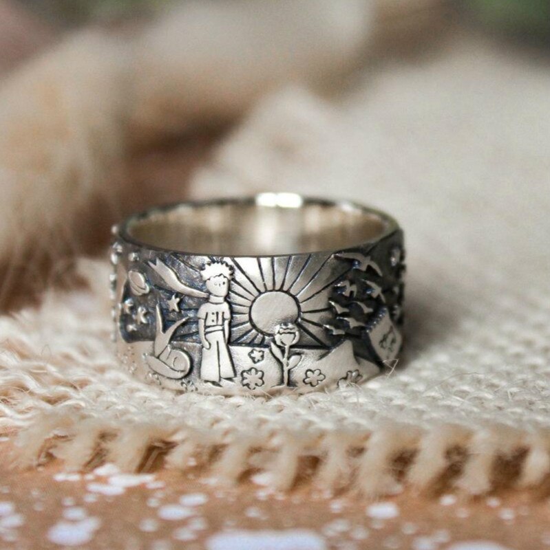 Retro Jewelry Boy Engraving Pattern 925 Sterling Silver Finger Rings Ladies Vintage Tail Ring Thai Silver Fine Jewelry: 5