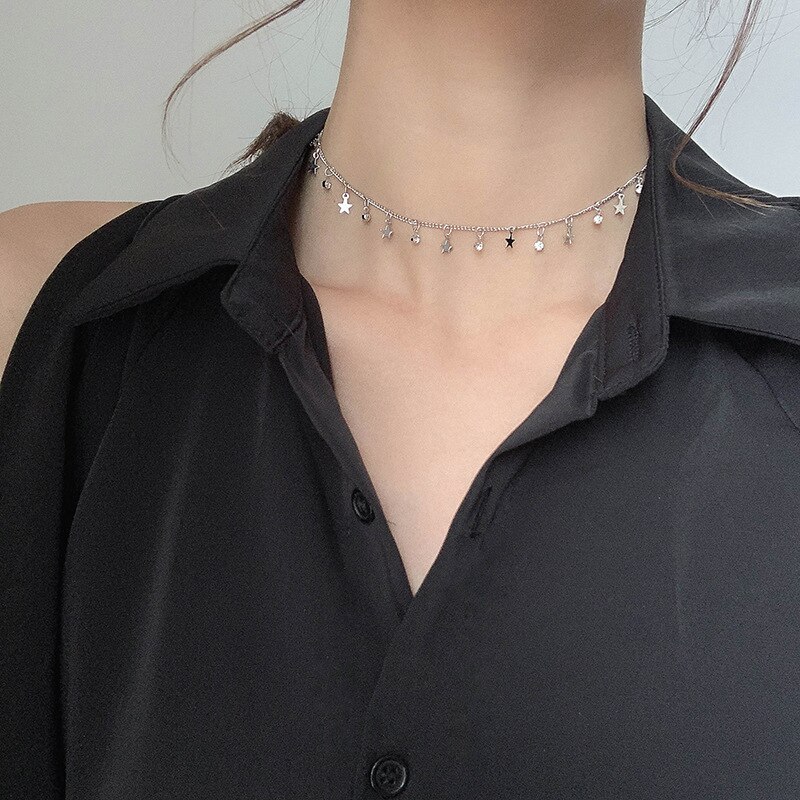 Double layer Chain Gold Choker Necklace Women Korean Style Pearl Pendant Necklace Jewelry Collar: N0021 silver